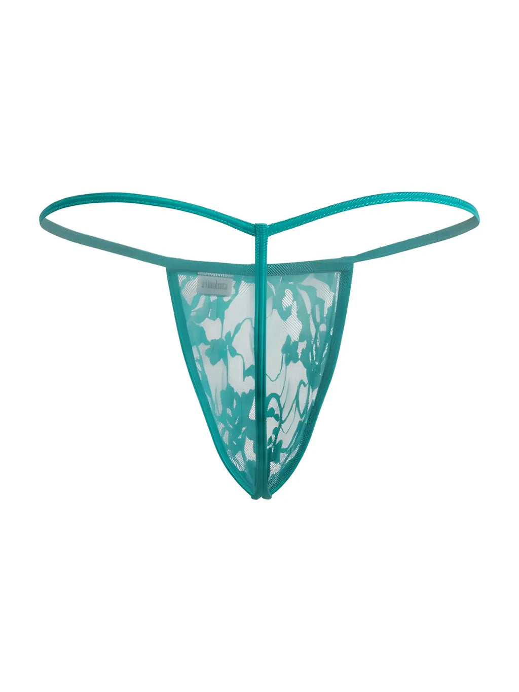 Teal lace thong candy man 9586 g string with sheer floral mesh and thin elastic straps in jade lace color