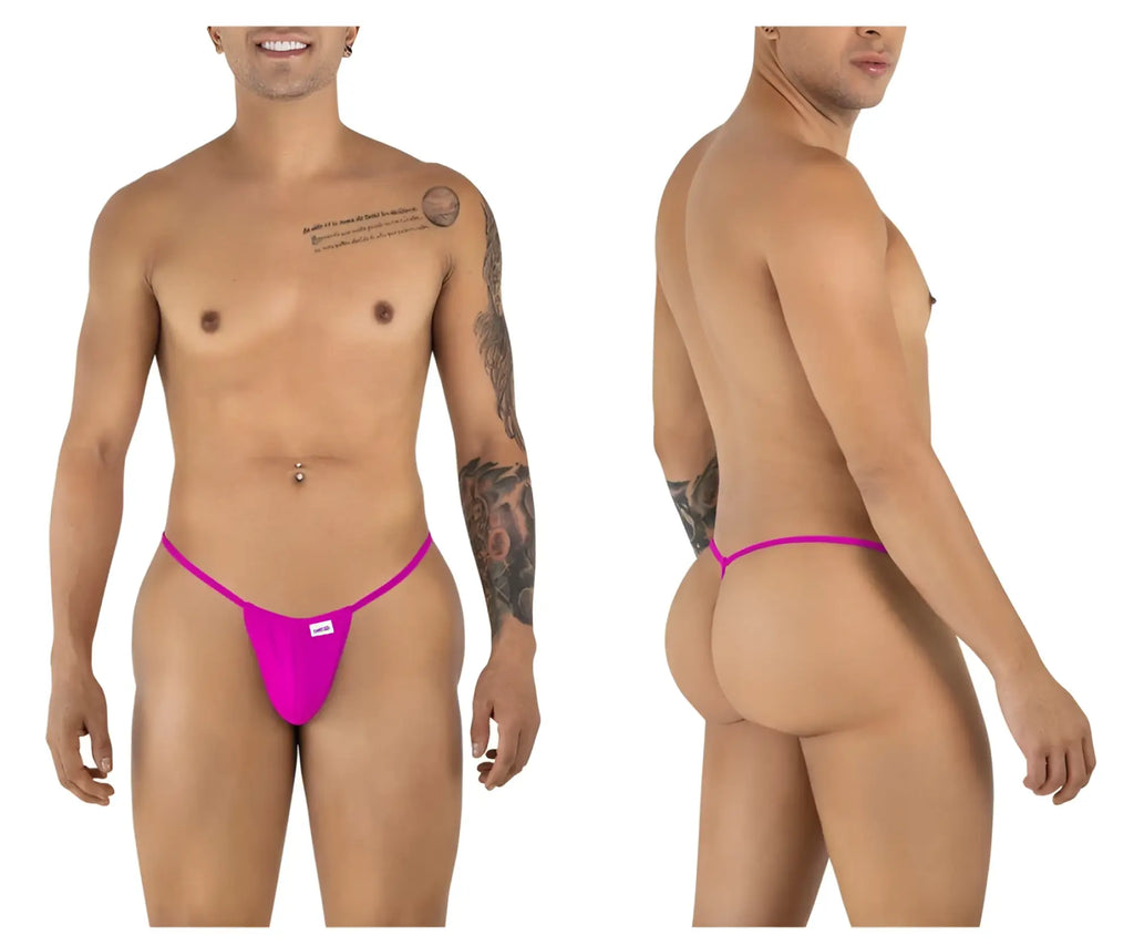 Bright pink CandyMan 9586 G-string thong with snug fit and small white brand tag at the front