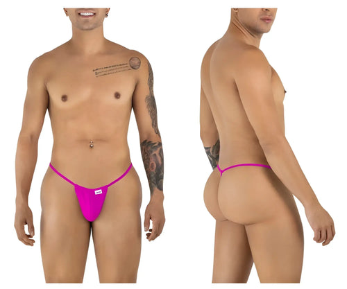 Bright pink CandyMan 9586 G-string thong with snug fit and small white brand tag at the front