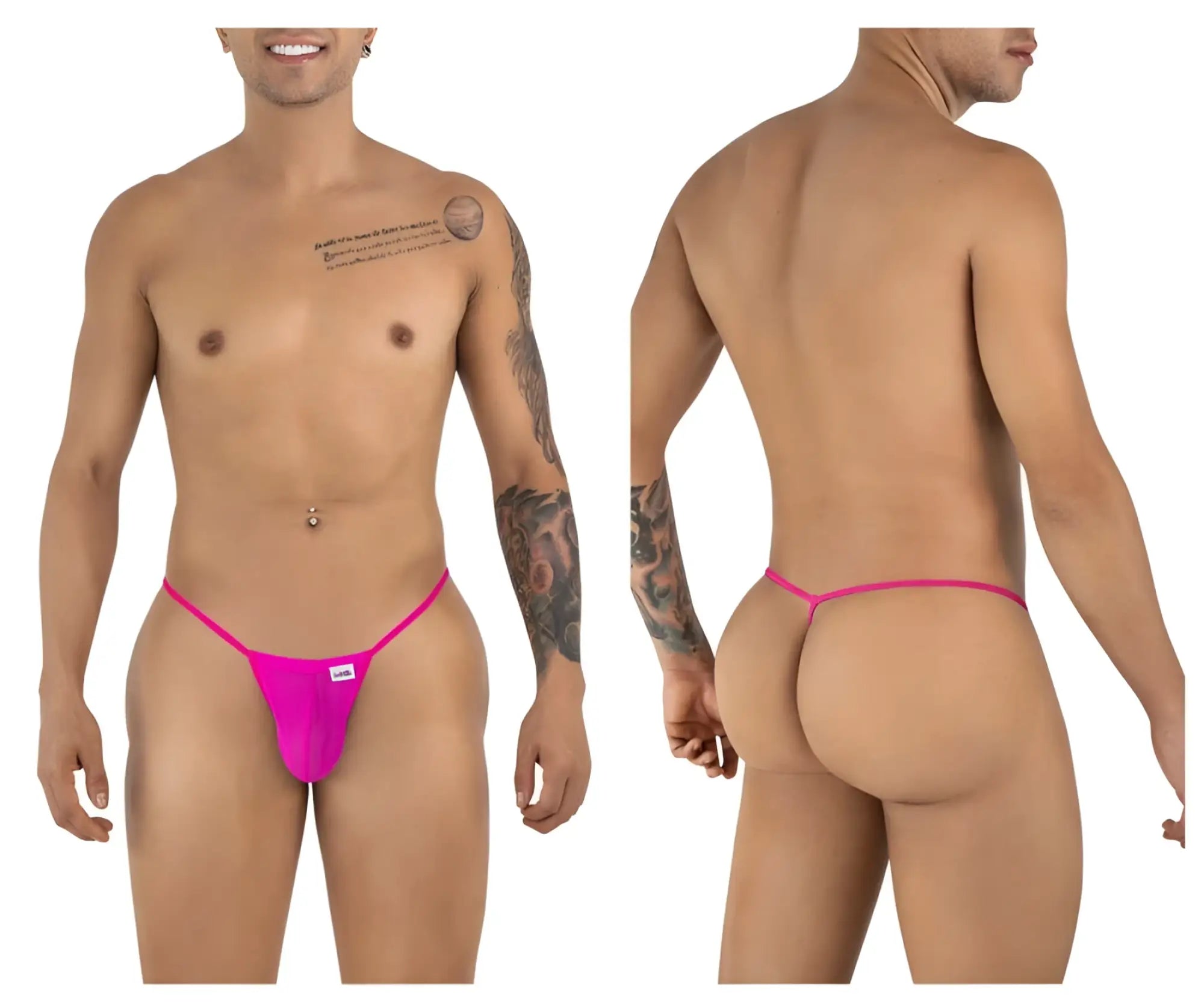 Bright pink CandyMan 9586 g-string thong with a small white brand tag at the front in magenta color