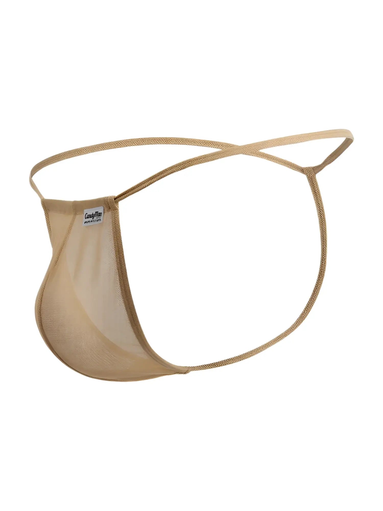 Beige candyMan 9586 g-string mocca mesh thong with thin adjustable straps and small brand tag visible