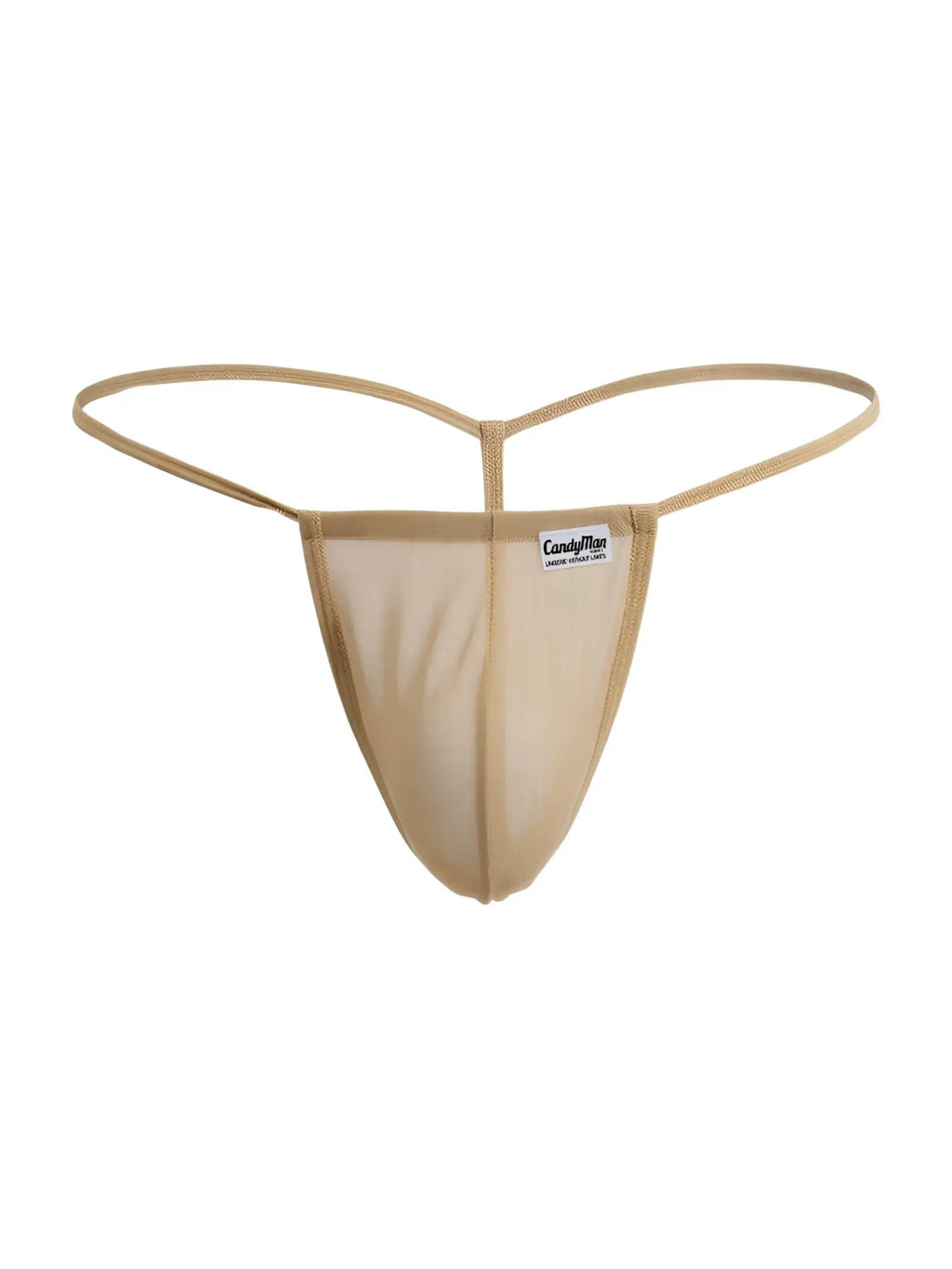 Beig mesh thong g-string candy man 9586 with thin elastic bands and a small white label on the front