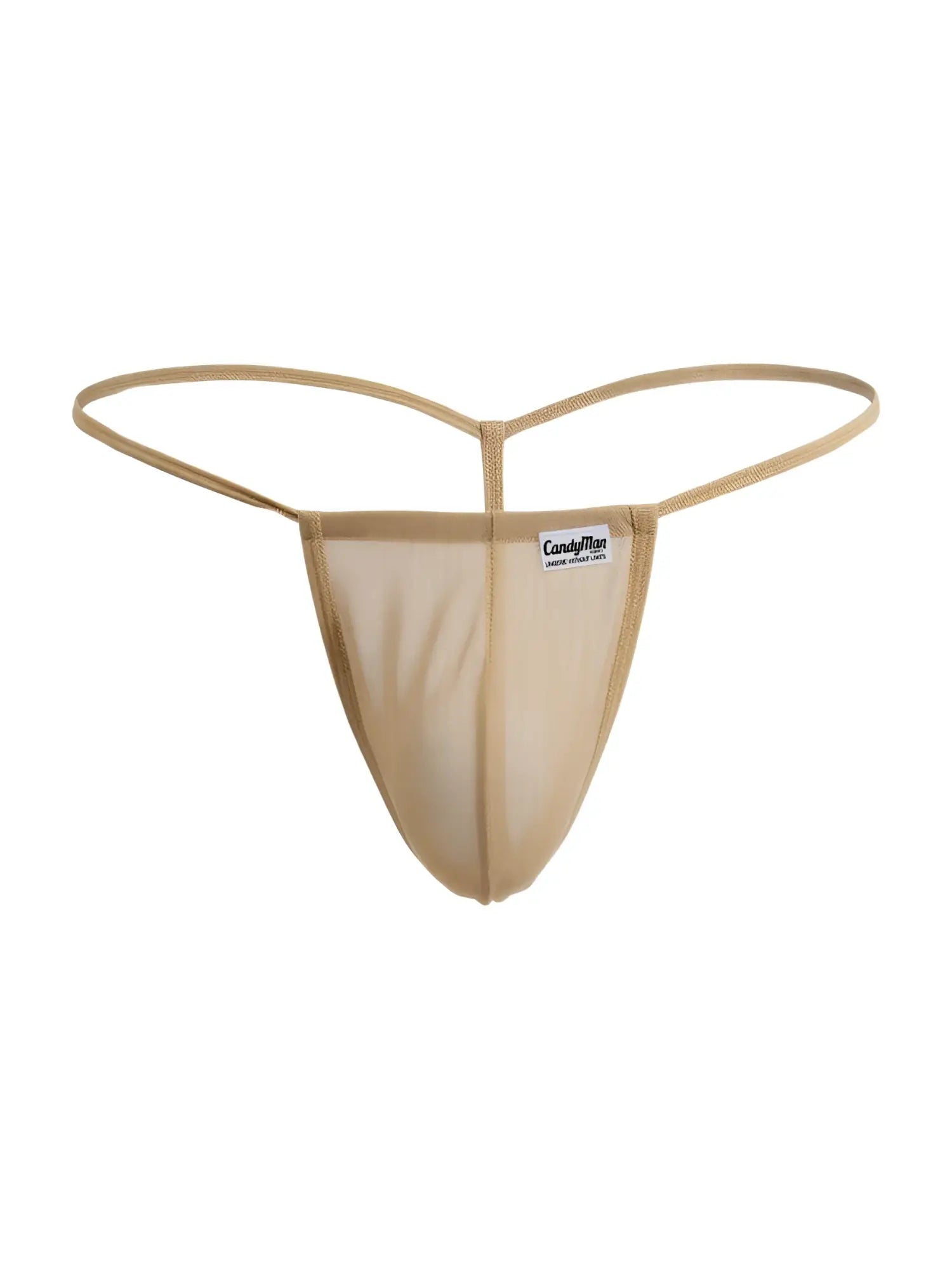 Beig mesh thong g-string candy man 9586 with thin elastic bands and a small white label on the front