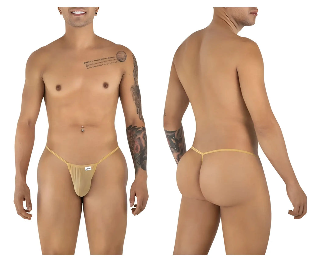 Beige mocca mesh candyMan 9586 g-string thong with thin elastic waistband and small white brand tag on front