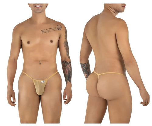 Beige mocca mesh candyMan 9586 g-string thong with thin elastic waistband and small white brand tag on front