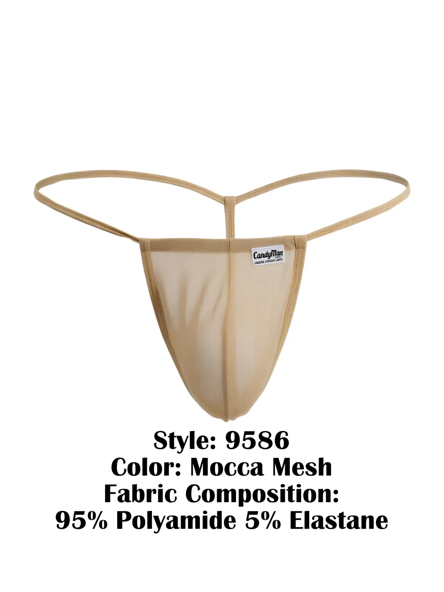 Beige mocca mesh candyMan 9586 G-string thong with thin supportive straps and branded label visible from the front