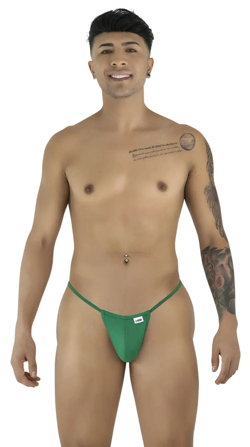 Green CandyMan 9586 g-string thong with small white brand tag in nature green color for comfortable wear