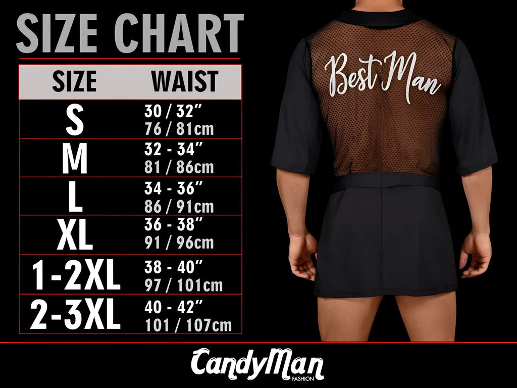 Black mesh vest with best man embroidered in white script worn over matching shirt and shorts from candyman 9586 g-string orange print