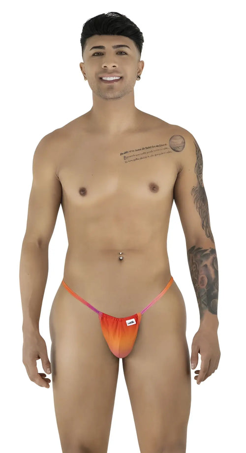Orange and pink gradient fabric thong with small white candyman brand tag on the side in candy man 9586 g-string color orange print