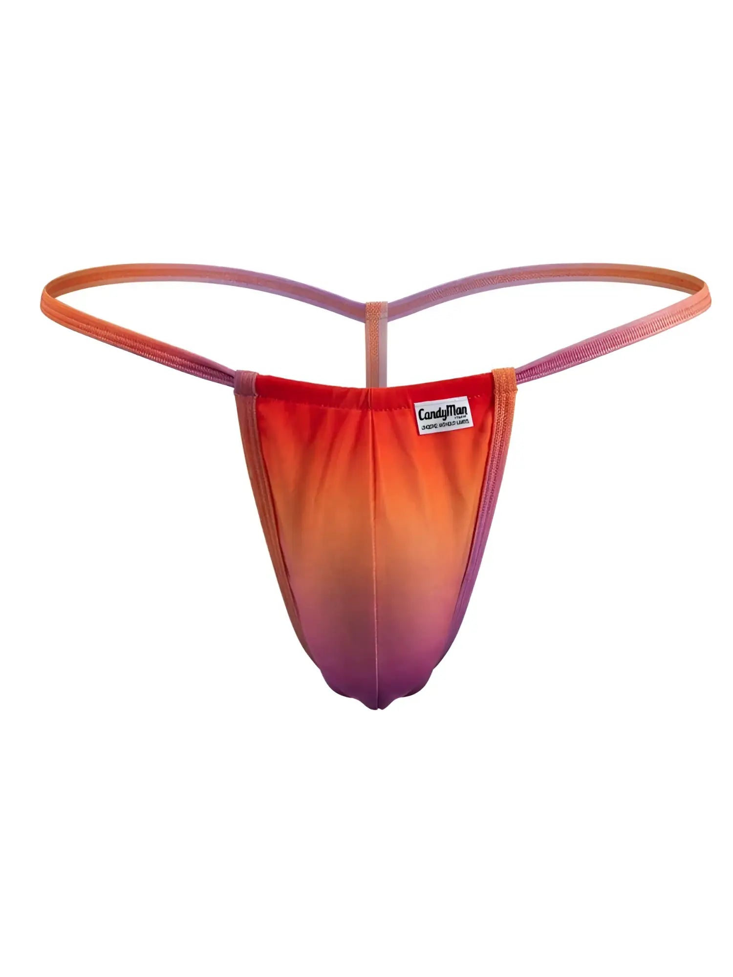 CandyMan 9586 g-string in vibrant orange print with sleek stretchy fabric and gradient orange to purple design
