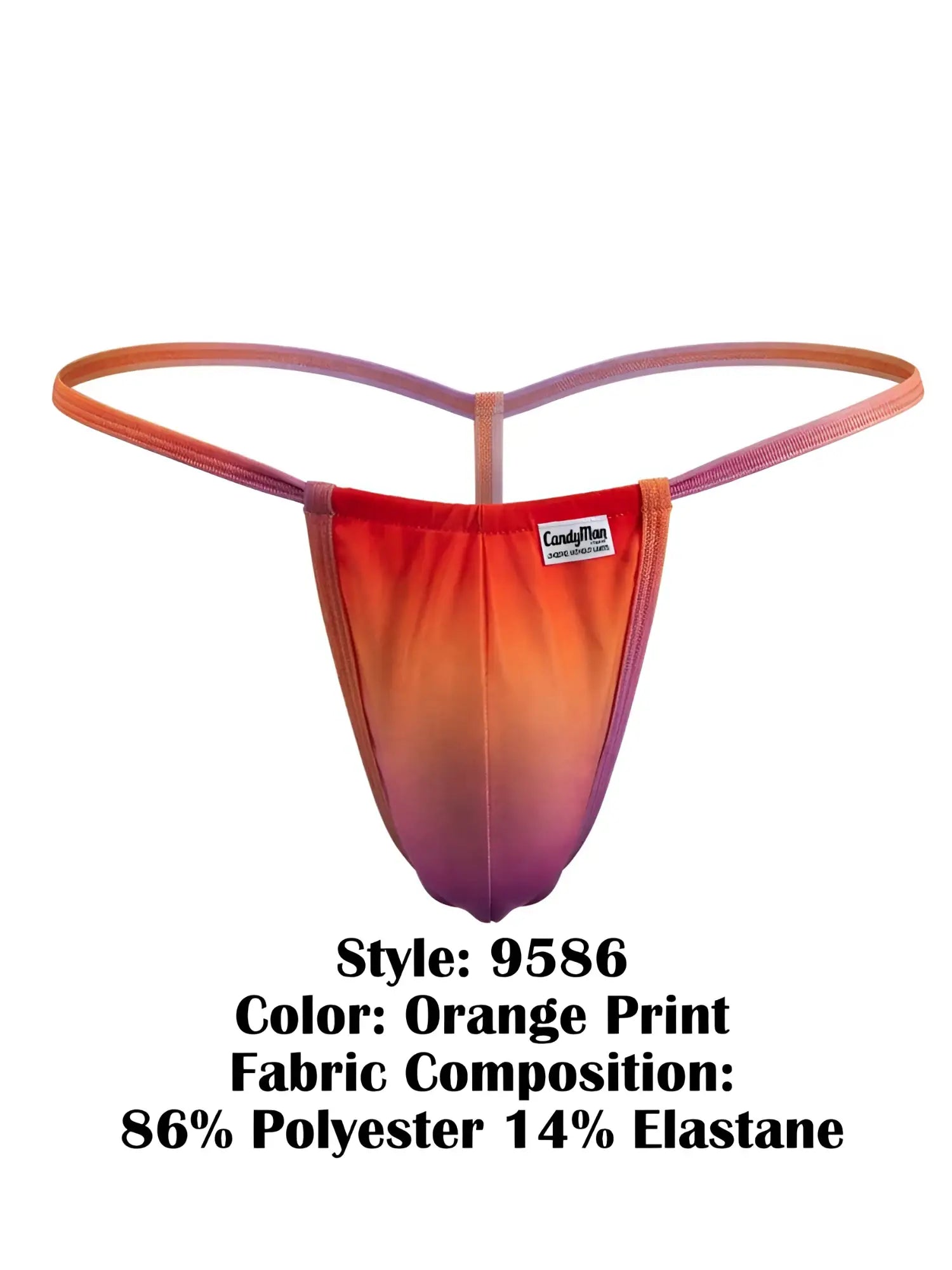 Vibrant orange-to-purple gradient candyMan 9586 g-string thong made of 86% polyester and 14% elastane with candyman label
