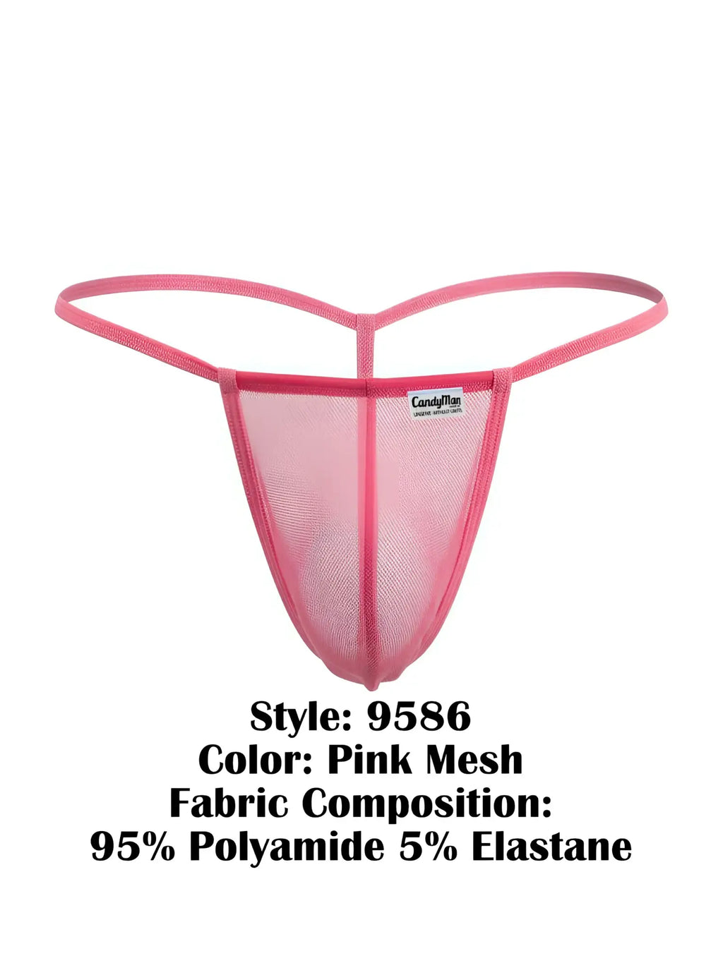 CandyMan 9586 pink mesh thong with supportive form-fitting design and thin elastic straps shown from the back