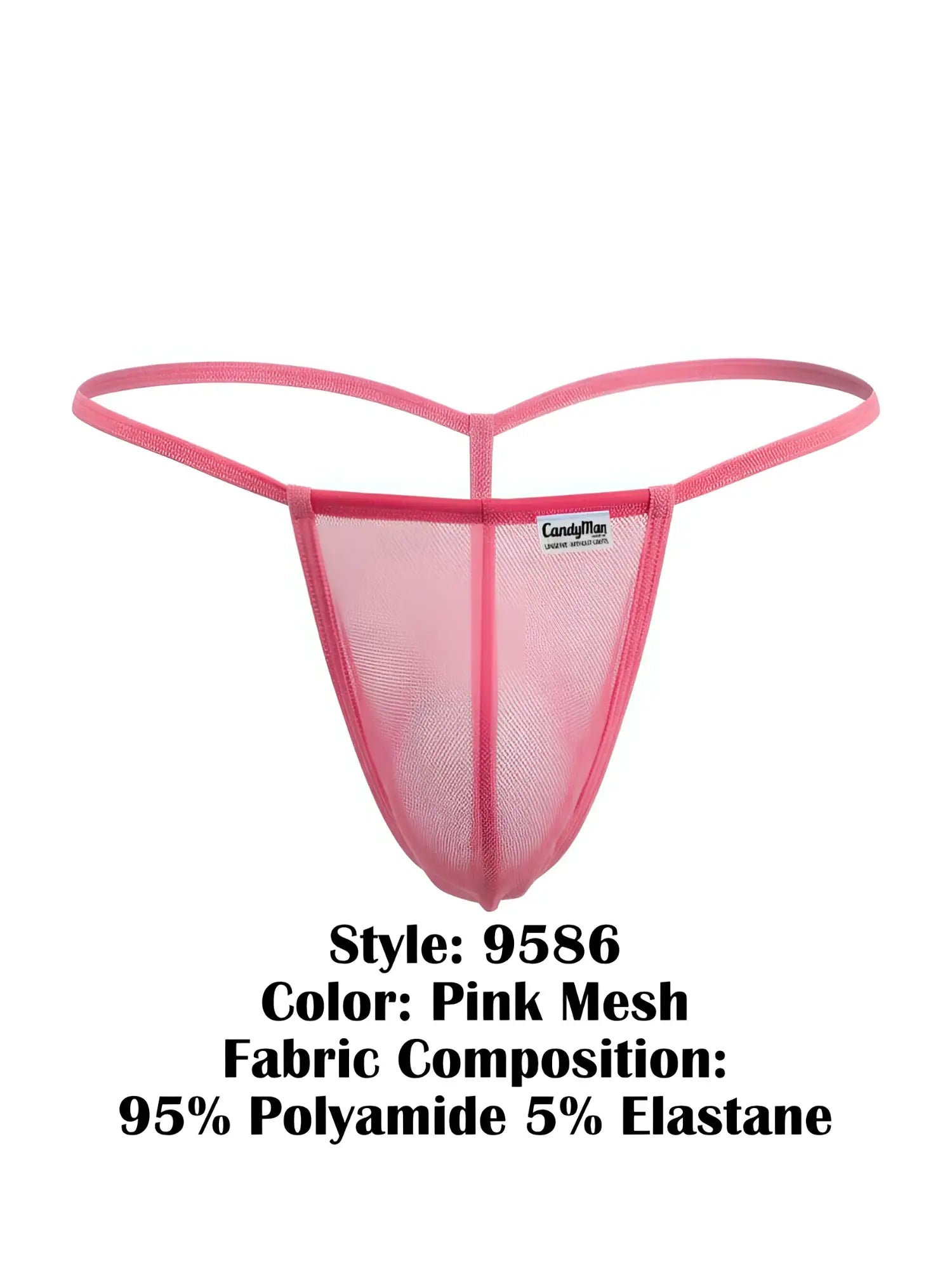 CandyMan 9586 pink mesh thong with supportive form-fitting design and thin elastic straps shown from the back