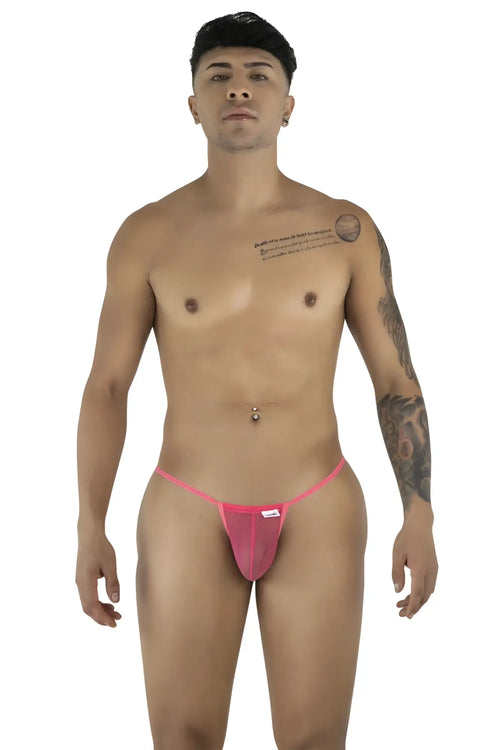 Pink mesh thong candyMan 9586 g-string with small white label on front in vibrant pink mesh material