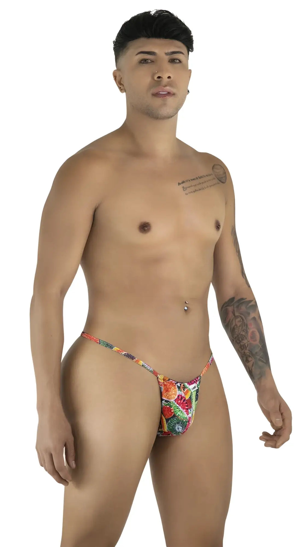 Candyman 9586 g-string vibrant fruit-patterned thong in colorful tropical design shown from the back side