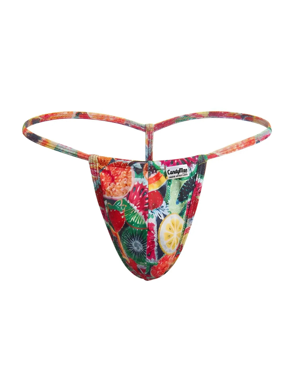 CandyMan 9586 g-string in vibrant tie-dye with bold citrus and berry prints featuring a fruit-themed design