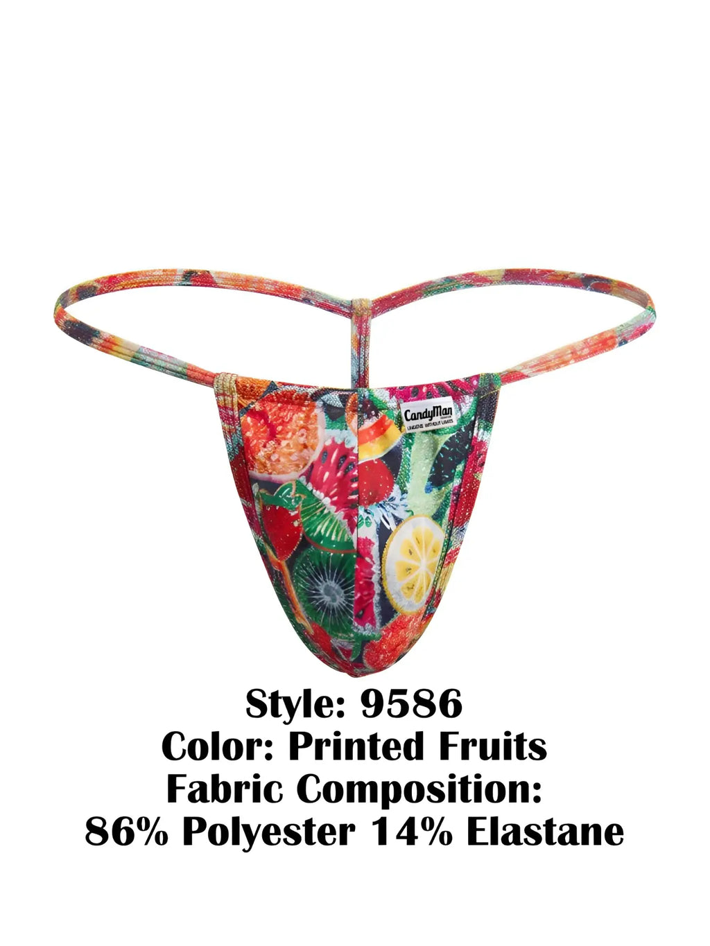 Vibrant fruit-printed thong with colorful pattern made of 86% polyester and 14% elastane candyMan 9586 g-string