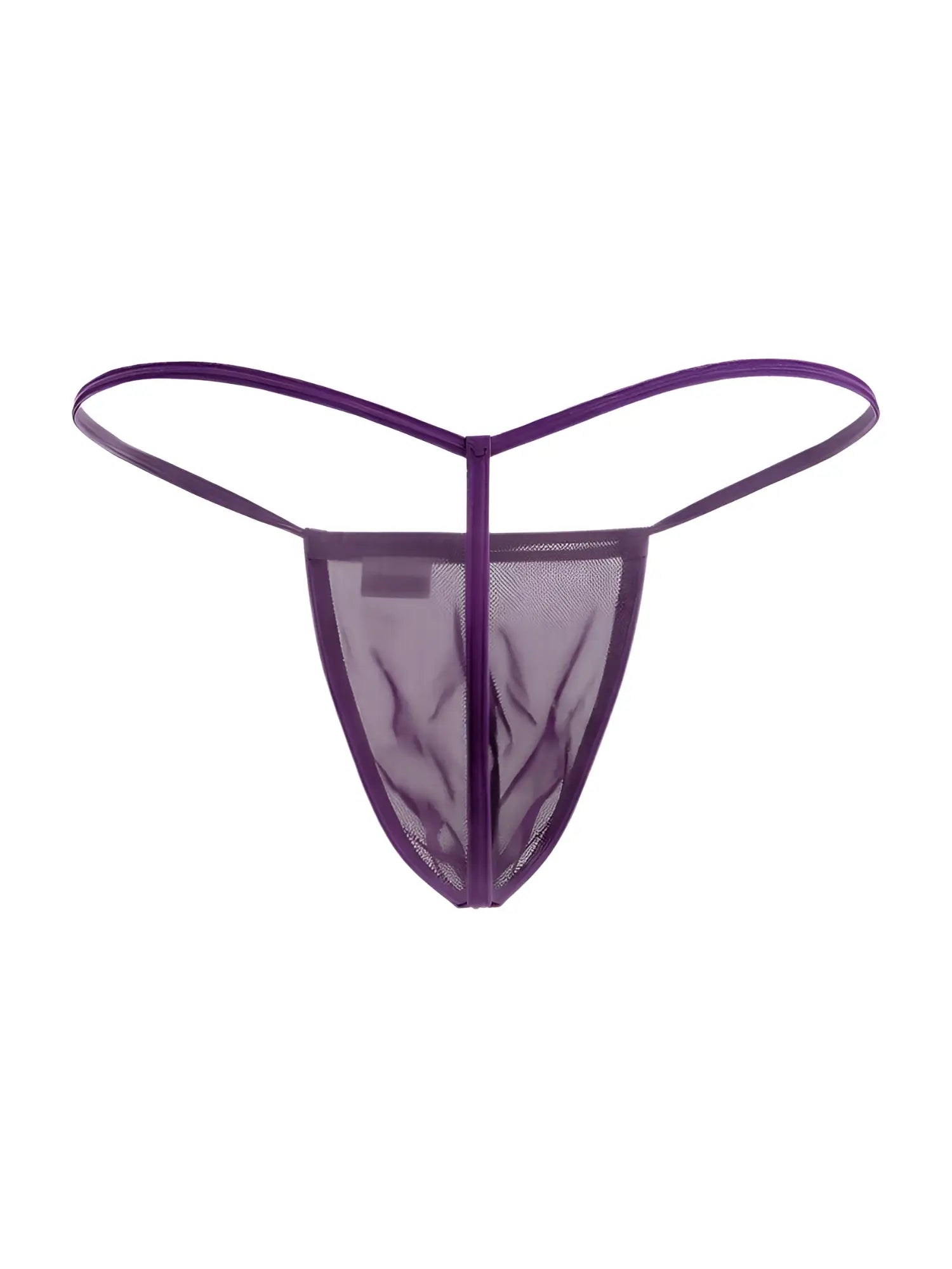 Purple mesh thong g-string with thin elastic straps from CandyMan 9586 showing the back side of the product