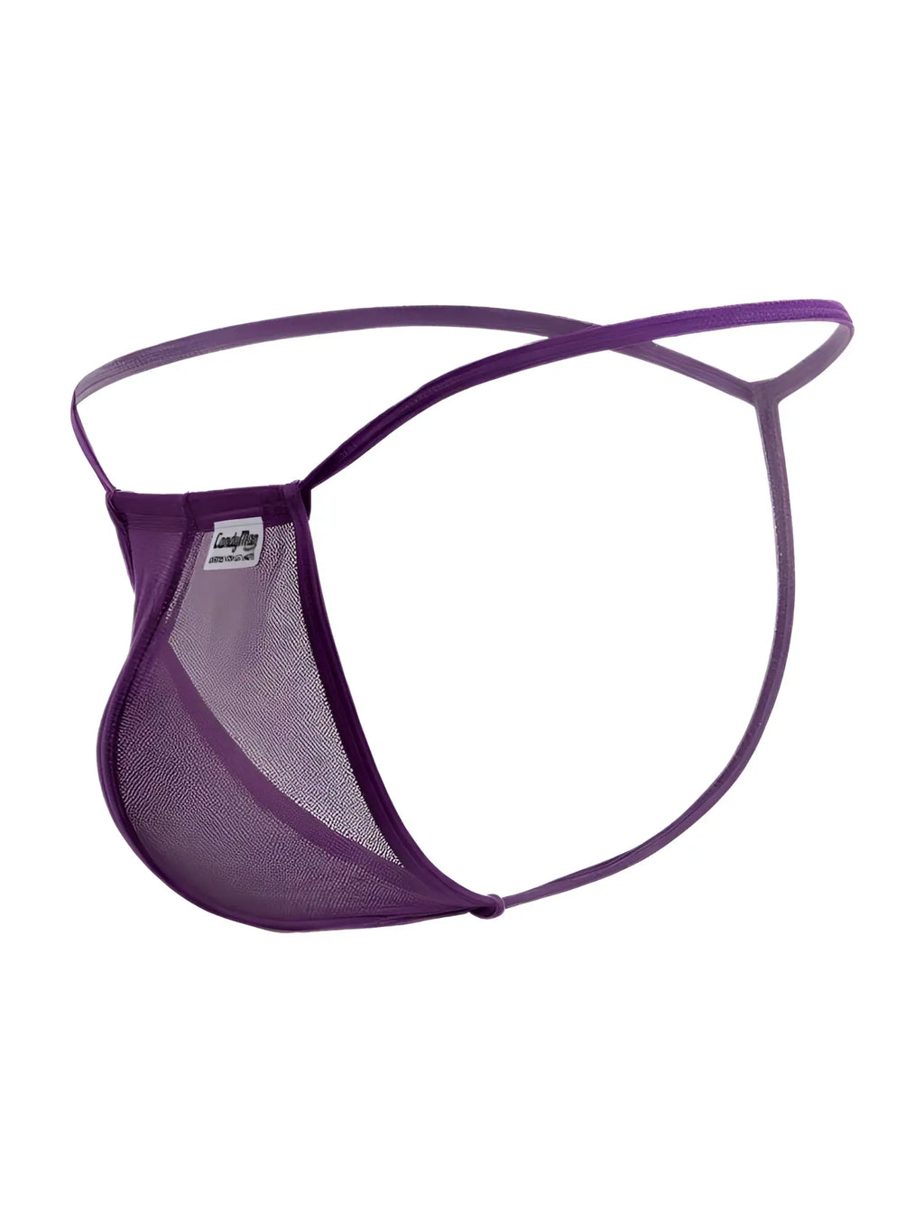 Purple mesh CandyMan 9586 g-string thong with thin crisscrossing elastic straps and branded tag visible