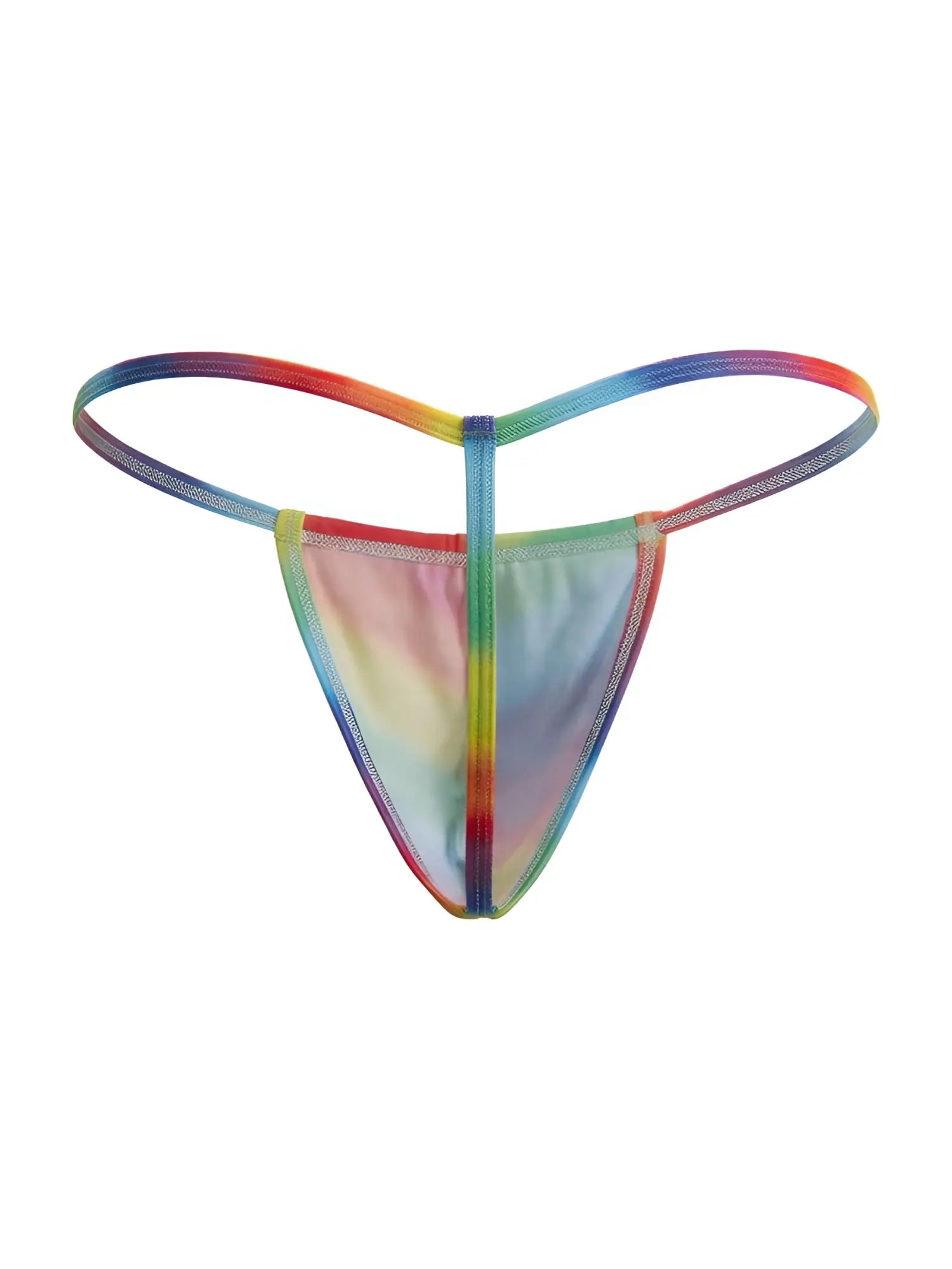 CandyMan 9586 g-string rainbow tie-dye mesh thong with sheer translucent fabric and colorful gradient design