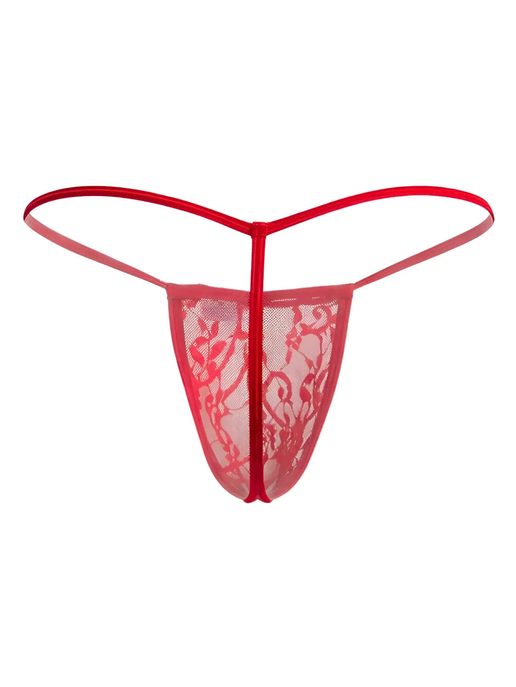 Red lace thong g-string with sheer mesh and delicate floral patterns from CandyMan 9586 in vibrant red color