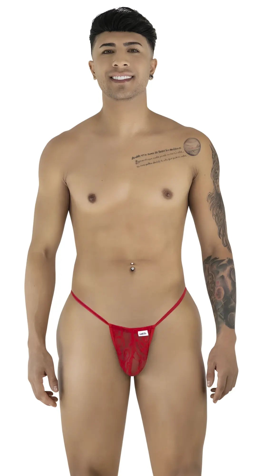 CandyMan 9586 red lace g-string thong with a small white label on the front for a sexy lingerie look
