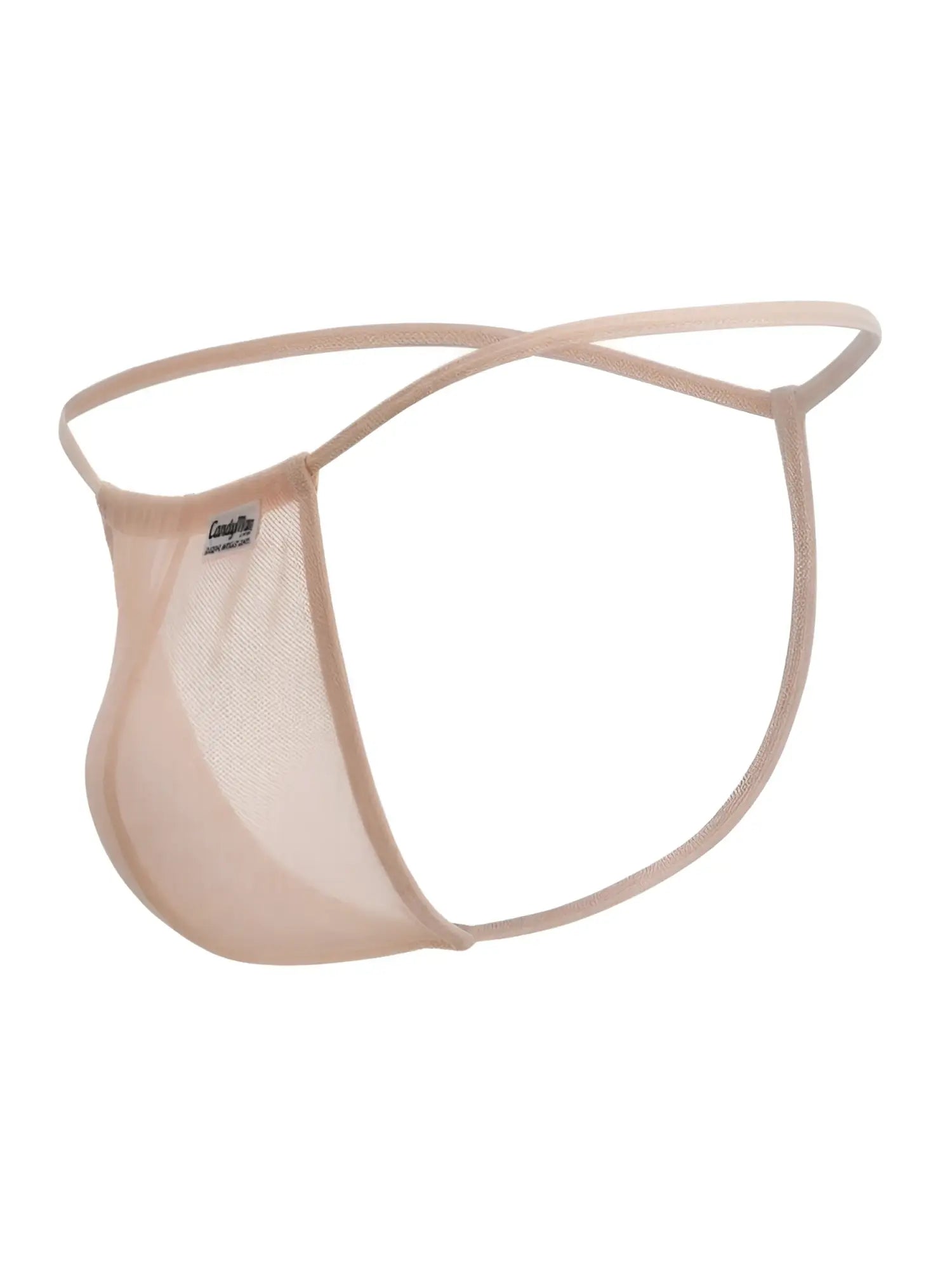 Beig mesh thong g-string by candyman with thin crossed waistband and small side brand tag in tangerine mesh