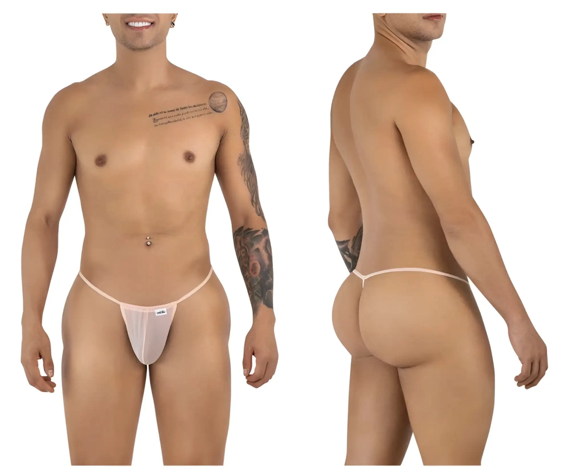 CandyMan 9586 sheer light pink mesh thong with minimalist design and small brand tag on front