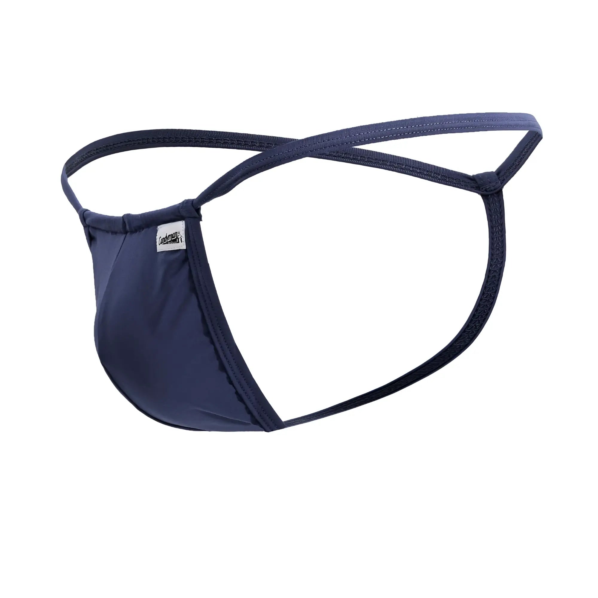 Navy blue cotton thong with thin crossed elastic straps and small brand tag on side candyMan 9586 g-string petrol blue