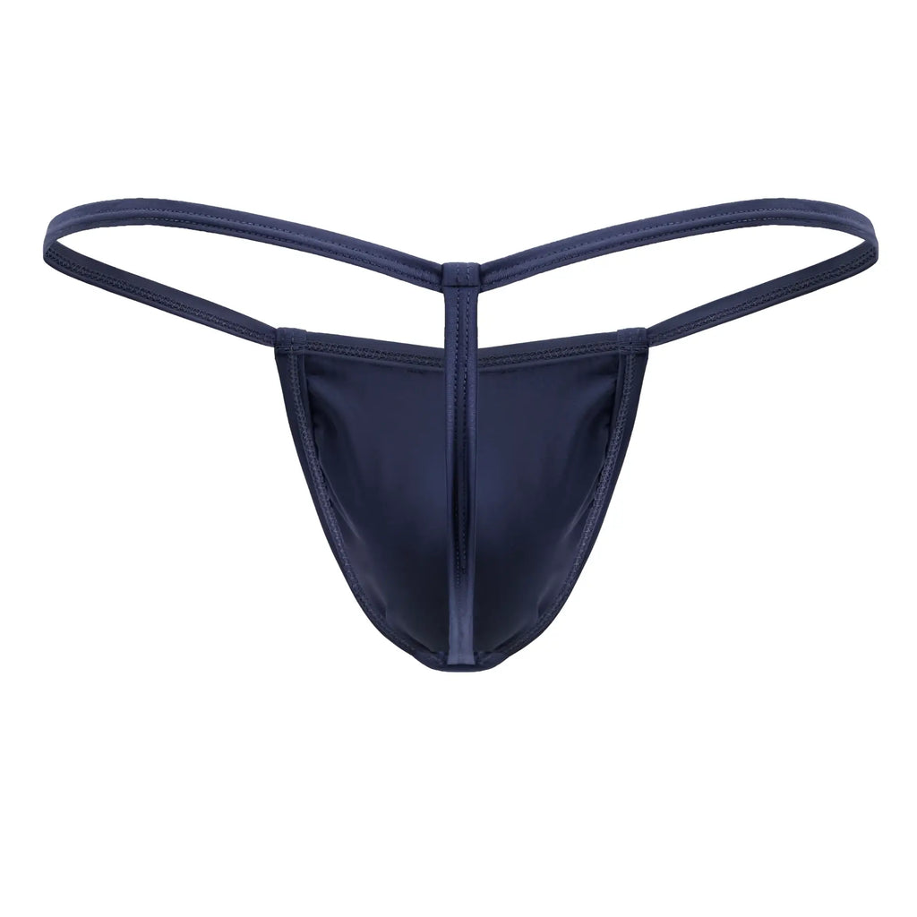 CandyMan 9586 petrol blue satin thong with central seam and thin matching fabric straps front view