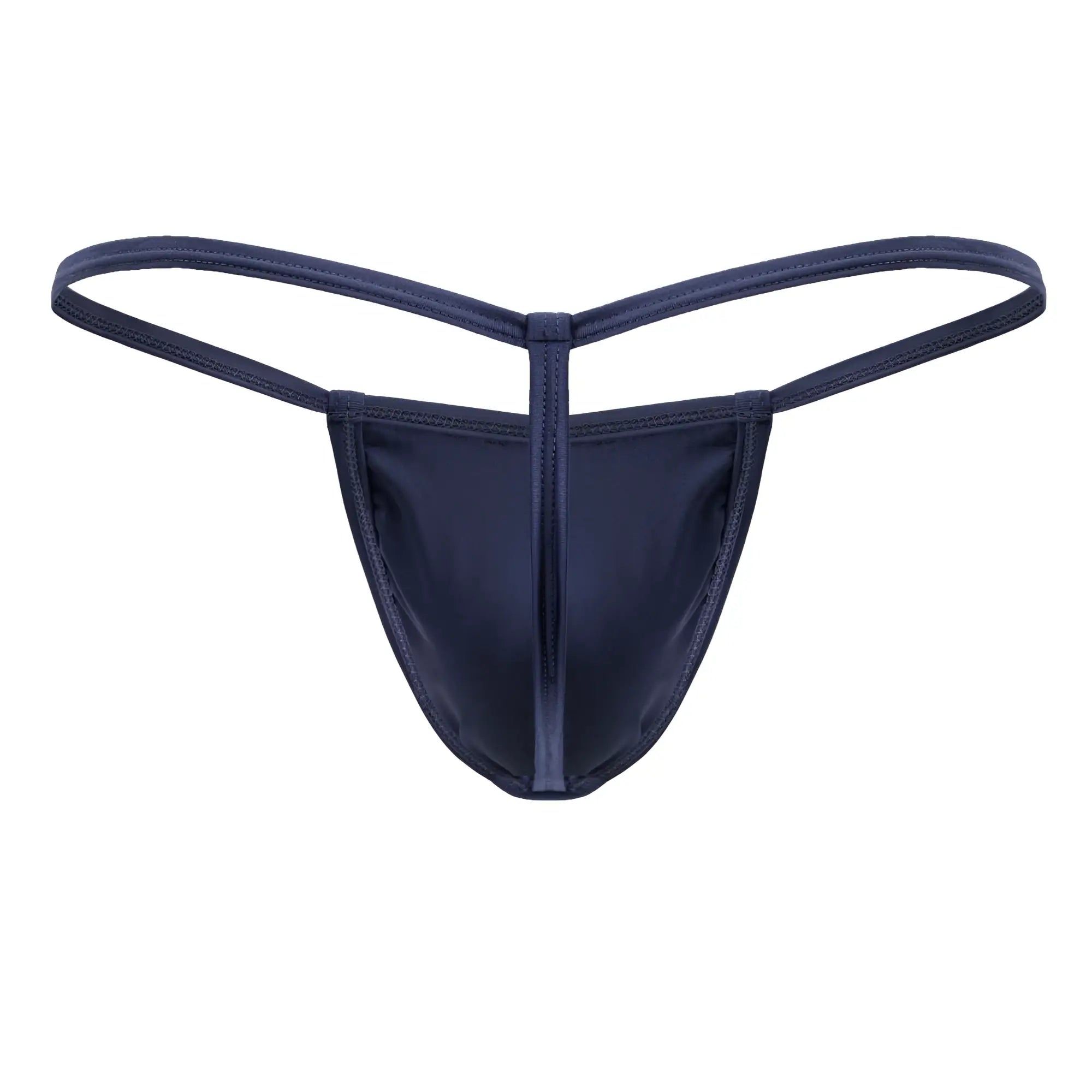 CandyMan 9586 petrol blue satin thong with central seam and thin matching fabric straps front view