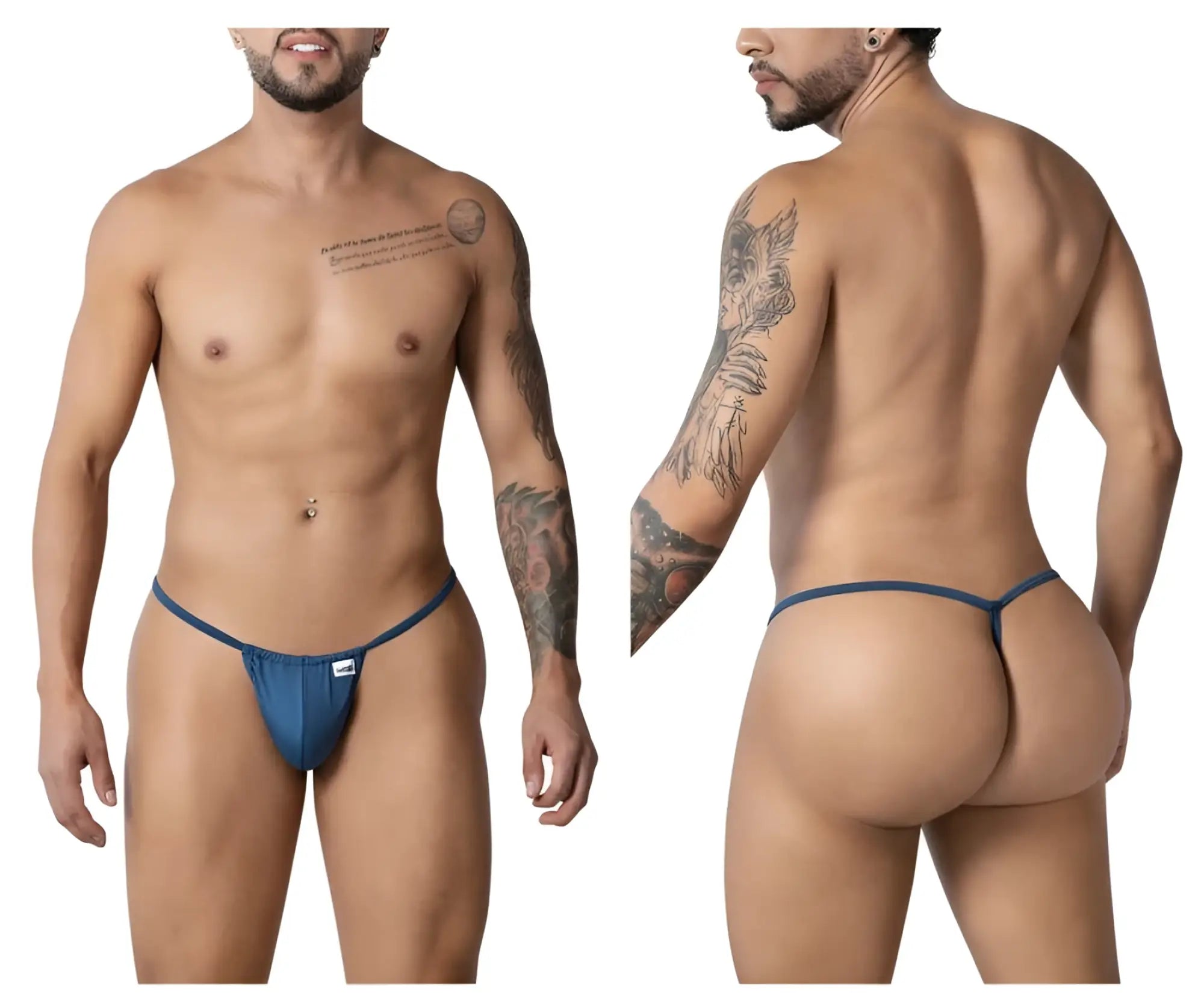 Blue petrol CandyMan 9586 g-string thong with small white logo on front made of soft stretch fabric