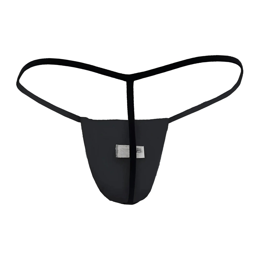 Black candyMan 9586 thong made of smooth stretchy fabric with central seam and thin elastic straps visible from the back