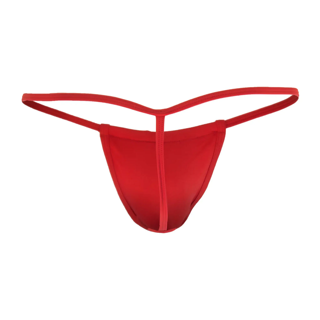 Red thong candy man 9586 made of smooth stretchy fabric with simple design and thin straps shown from the back