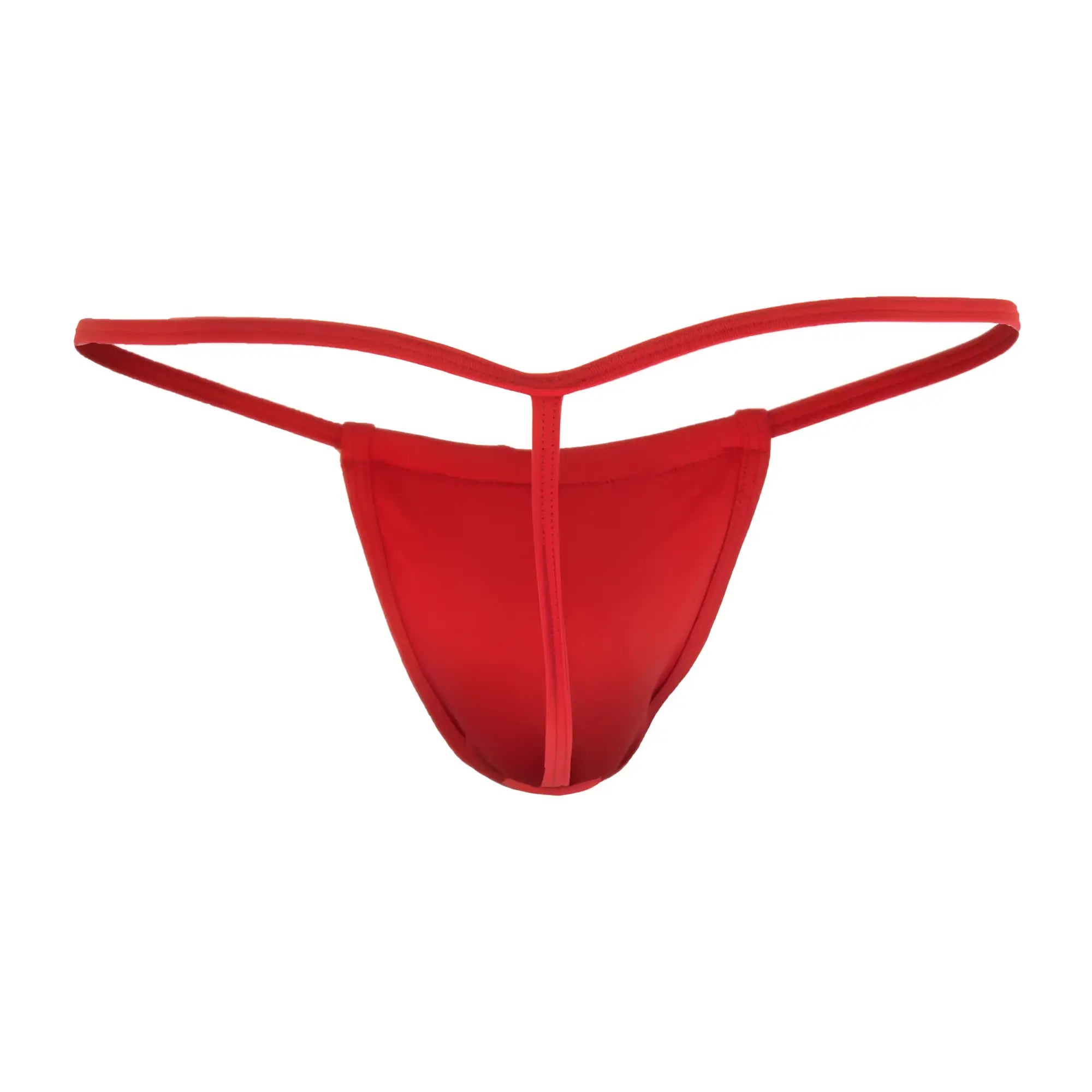 Red thong candy man 9586 made of smooth stretchy fabric with simple design and thin straps shown from the back