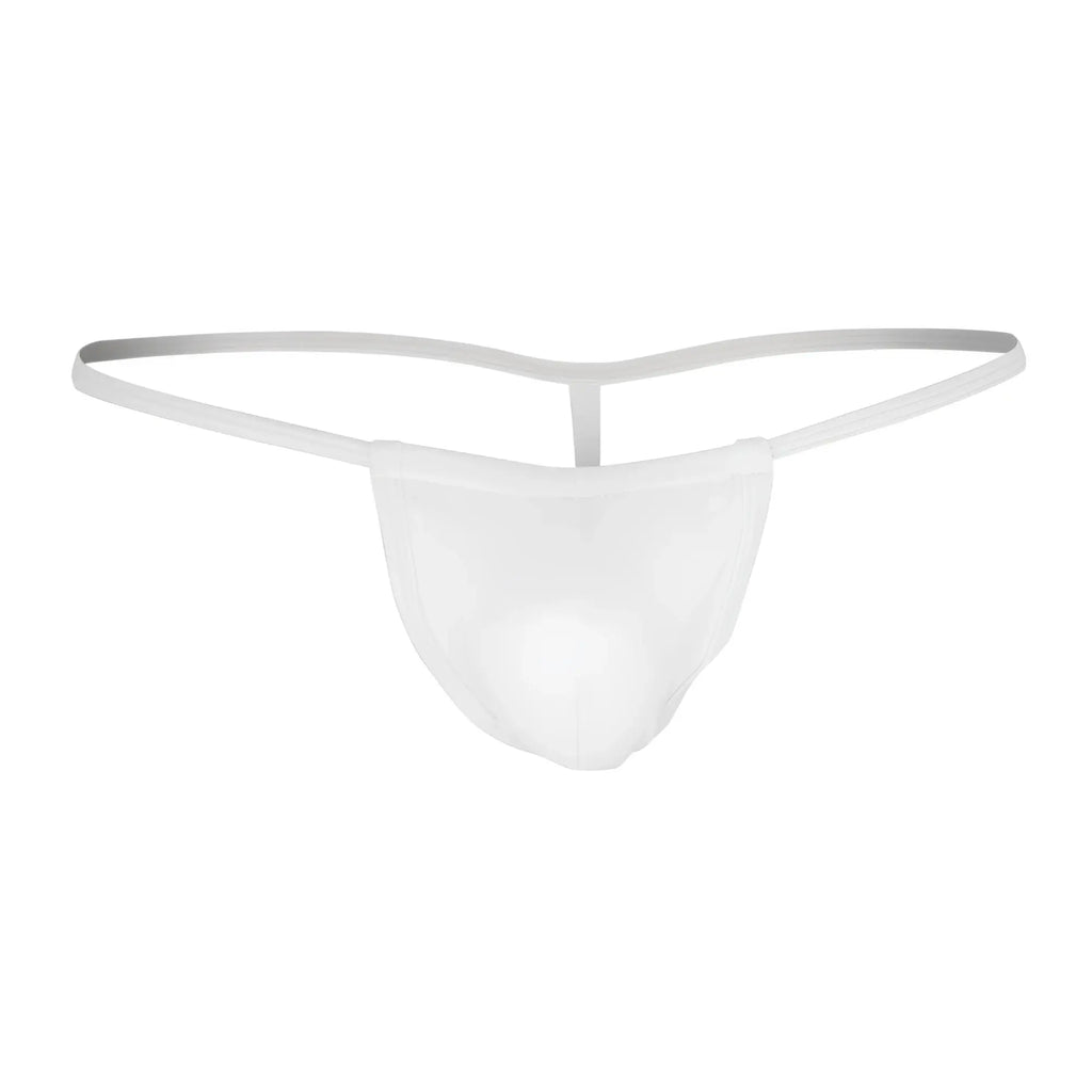 White CandyMan 9586 thong made of sheer mesh with thin adjustable elastic straps showing front view