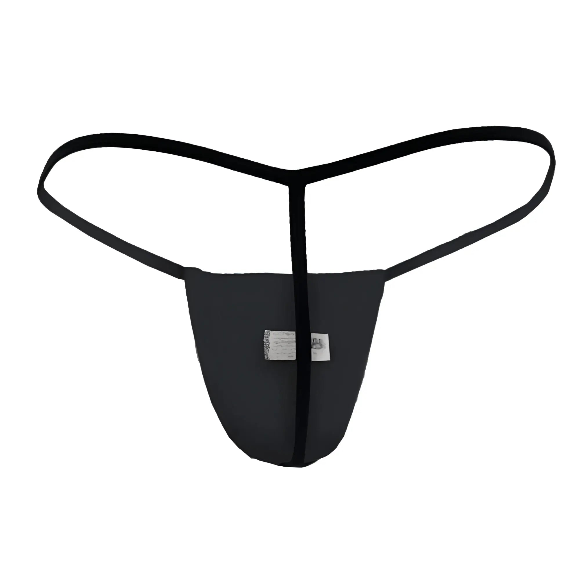Black thong candyMan 9586X made of smooth stretchy fabric with central seam and thin elastic straps front view