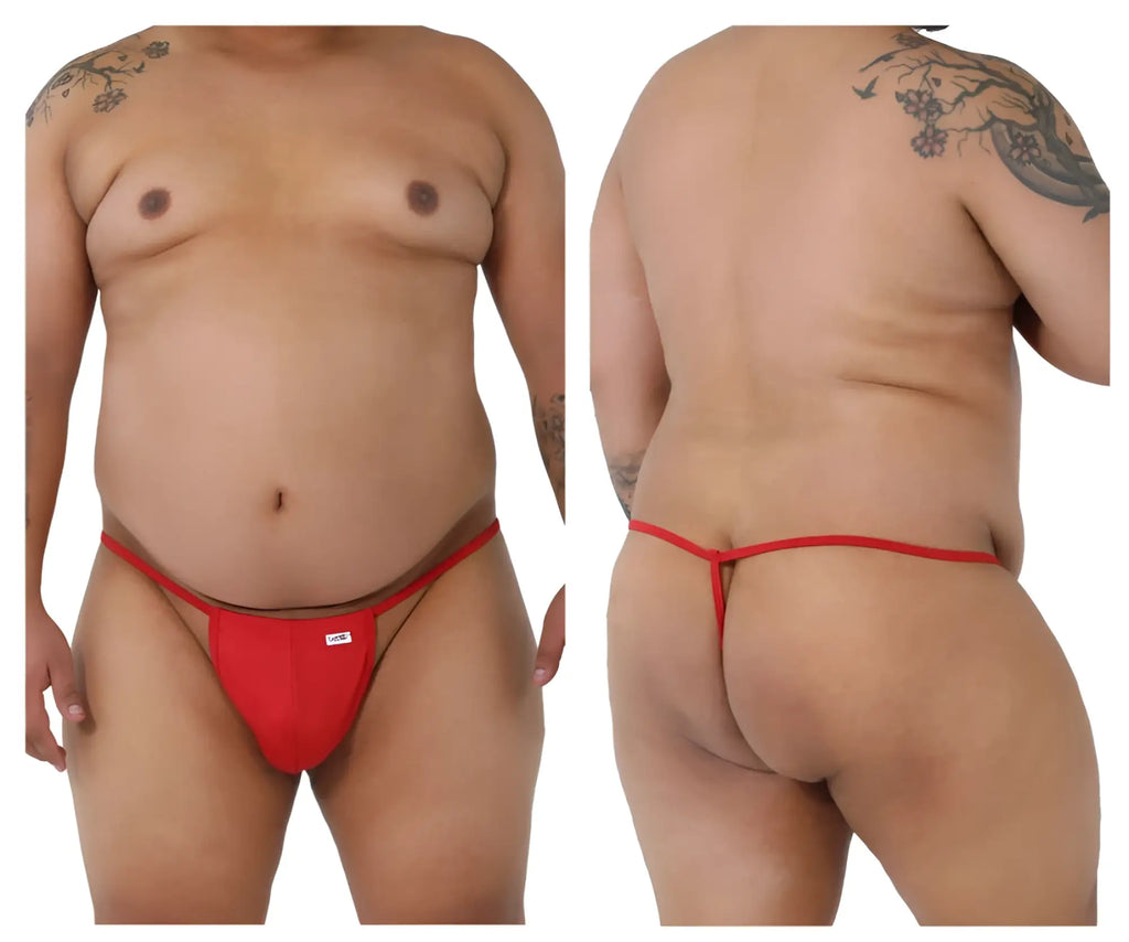 Red thong CandyMan 9586X with thin supportive waistband and small white label on front in red color