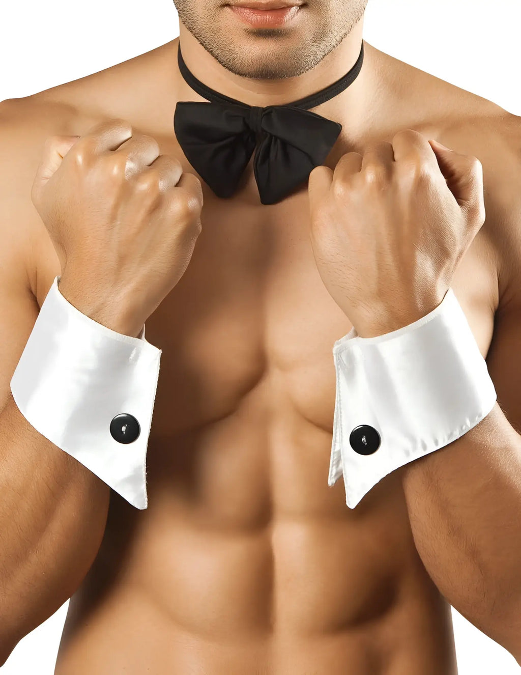 Black satin bowtie and choker with white satin cufflinks featuring black buttons from candyman 9646 collection