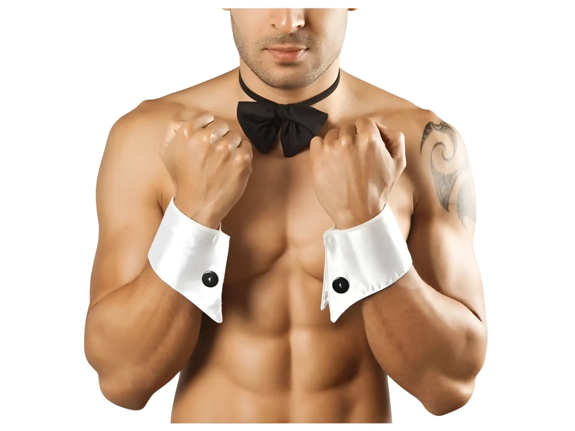 White satin cufflinks with black button accents from candyman 9646 bowtie and cuffs only color only product