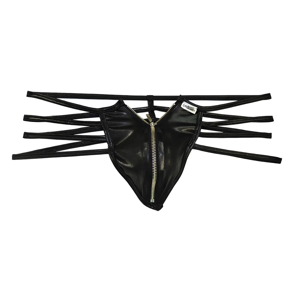 Black faux leather thong with central zipper and multiple thin straps candyMan 99140 thong color black