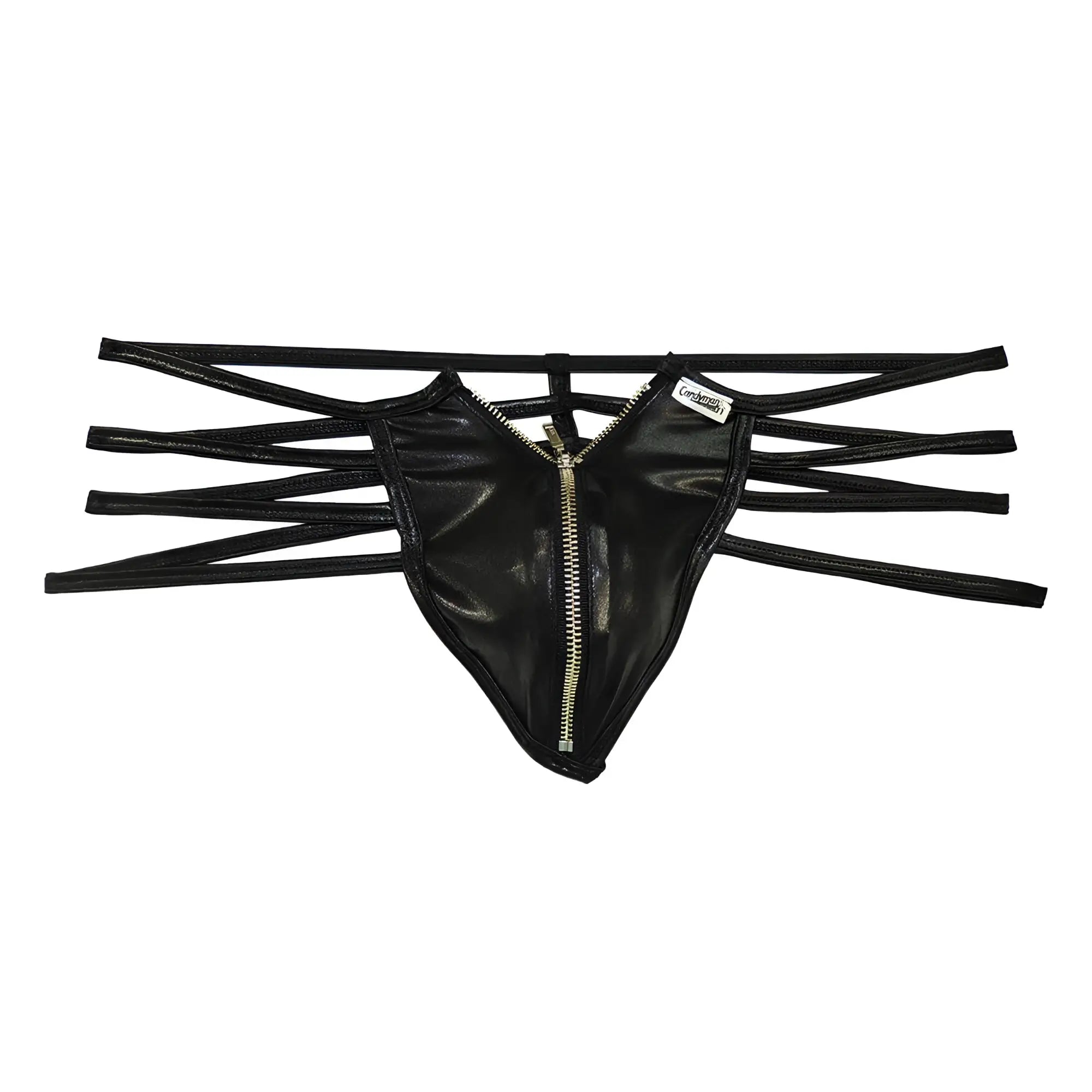 Black faux leather thong with central zipper and multiple thin straps candyMan 99140 thong color black