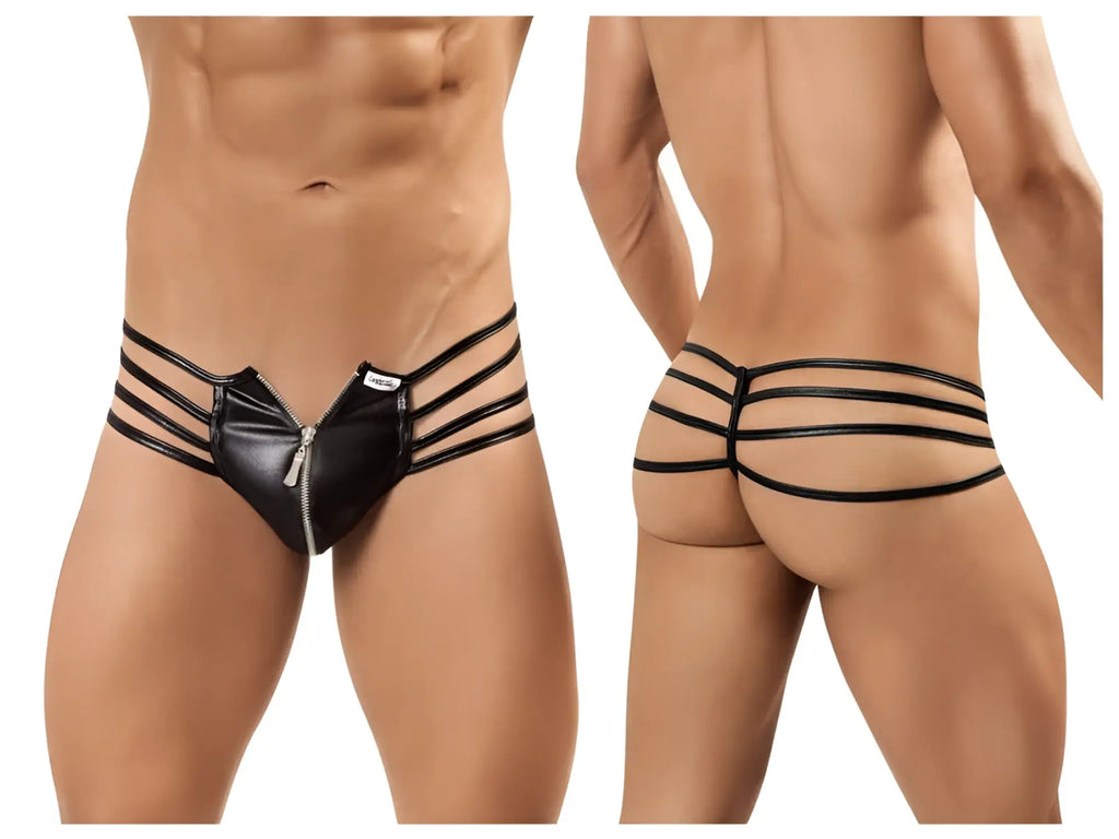 CandyMan 99140 black faux leather thong with central zipper and three horizontal straps front view