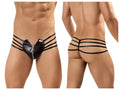 CandyMan 99140 black faux leather thong with central zipper and three horizontal straps front view