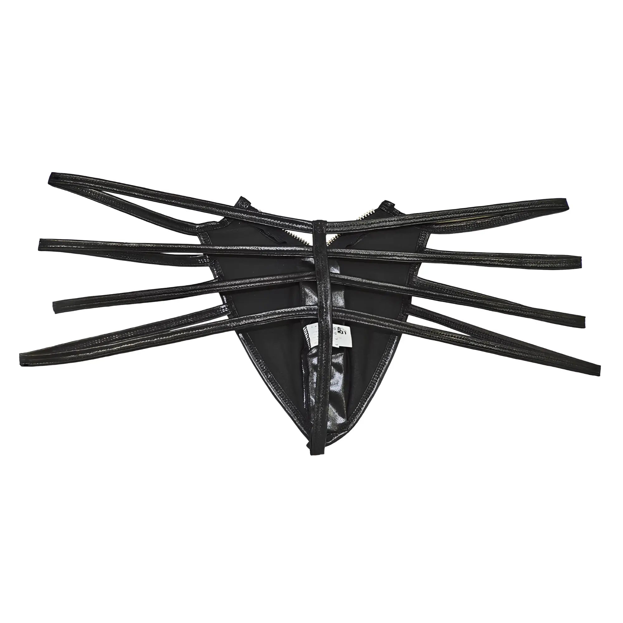 Black glossy faux leather CandyMan 99140 thong with multiple thin straps radiating from the center front