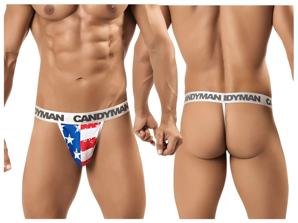 Candyman 99154 patriotic thong with american flag print and white elastic waistband in multi-colored design