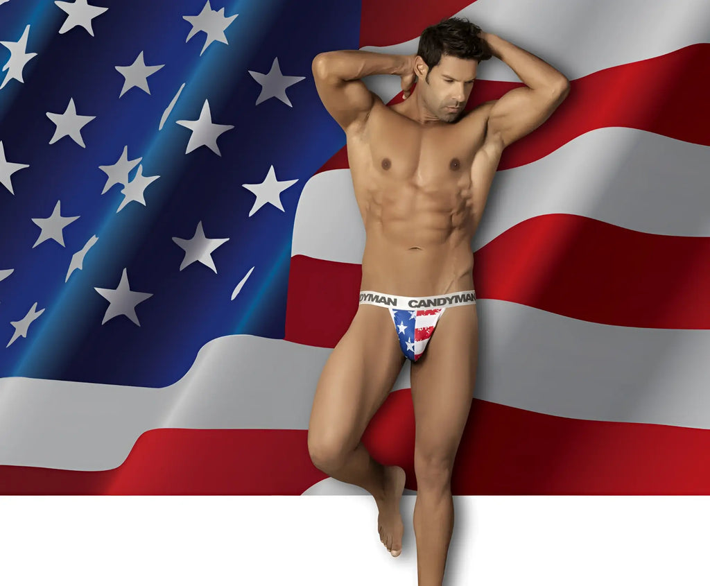 Candyman 99154 patriotic thong mens briefs with american flag design in red white and blue colors