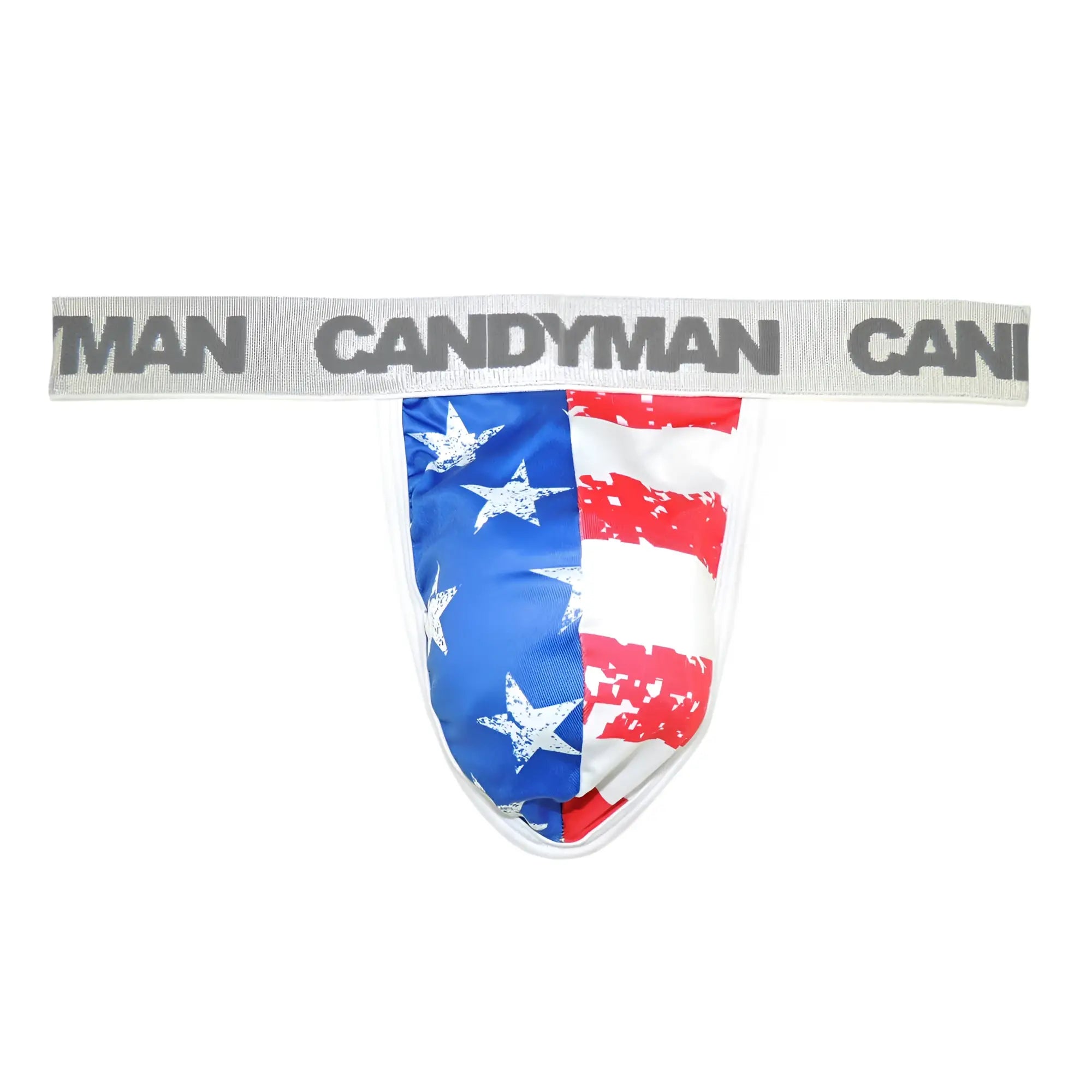 Candyman 99154 patriotic thong jockstrap with american flag design distressed red white blue fabric and gray waistband