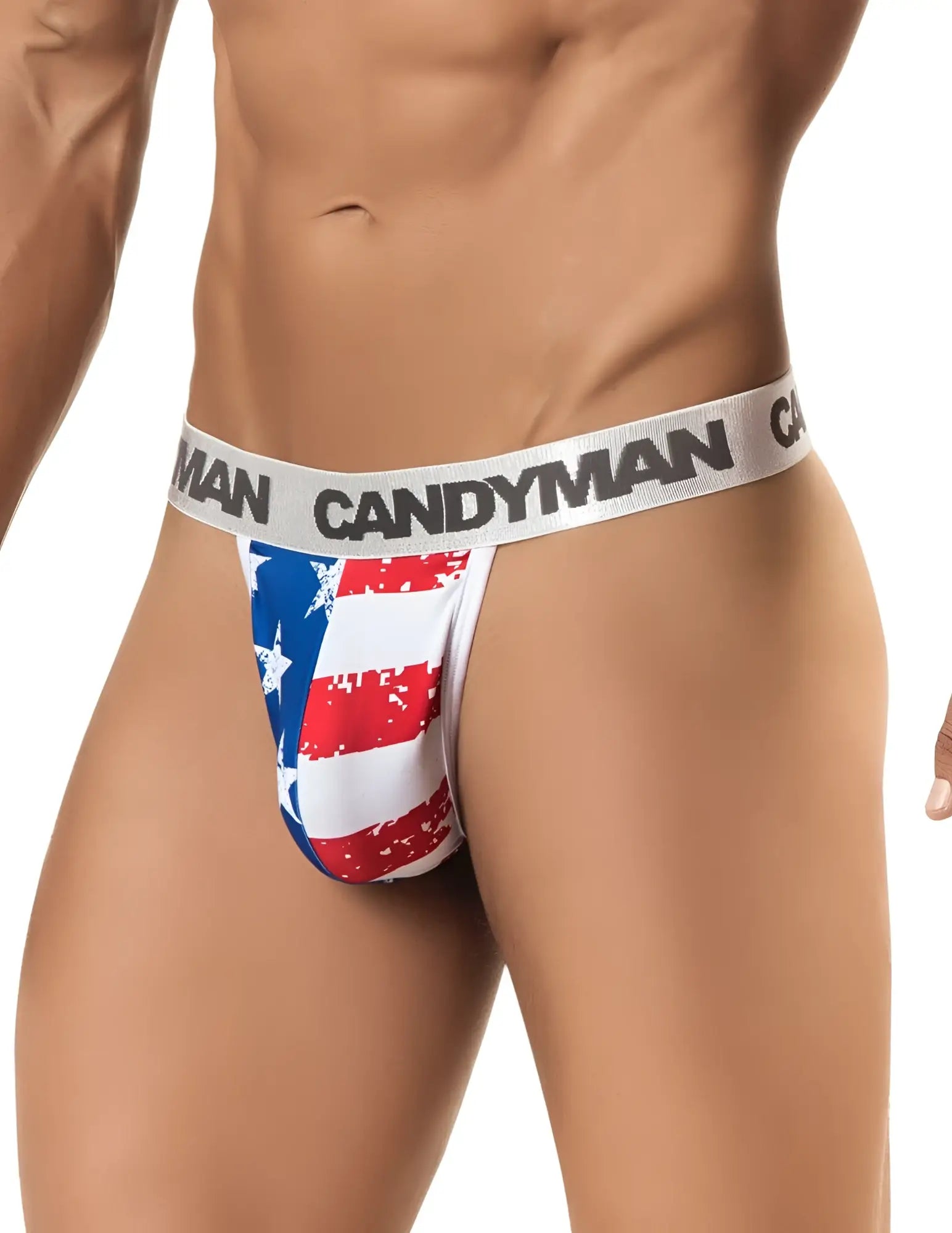 Candyman 99154 patriotic thong men’s underwear with distressed american flag design in red white blue and gray elastic waistband