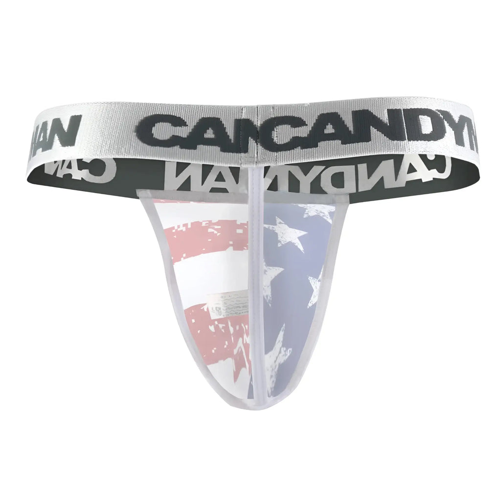 Transparent american flag-themed thong with silver can candy waistband from candyman 99154 patriotic thong multi-colored